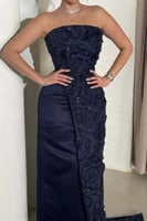 فستان سهرة كحلي بترتر فاخر بدون أكتاف | فساتين سهر...