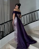 فستان سهرة بنفسجي أوف شولدر بتطريز فاخر