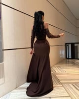 فستان سهرة أوف شولدر بني مطرّز بالكريستال