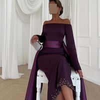 فستان سهرة بنفسجي فاخر بذيل طويل ولمسات كريستالية