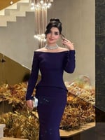 فستان سهرة بنفسجي أوف شولدر بذيل طويل