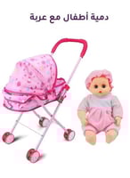 دمية أطفال مع عربة وردية بتصميم لطيف للعب و التجول