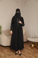 عباية دبل كلوش ملكي سوداء بأكمام استرتش عملية - عب...