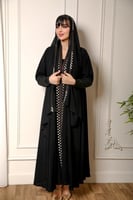 عباية دبل كلوش سوداء فخمة بأكمام استرتش وتطريز هند...