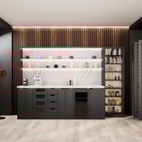 ركن القهوة فاخرة, مع أرفف عرض وإضاءة مخفية