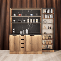 ركن القهوة فاخرة, مع أرفف عرض وإضاءة مخفية