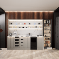 ركن القهوة فاخرة, مع أرفف عرض وإضاءة مخفية