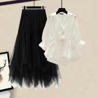 White shirt + black skirt two-piece set