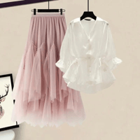 White shirt + pink skirt two-piece set