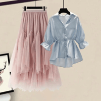Blue shirt + pink skirt two-piece set