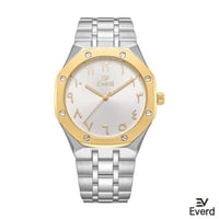 Silver with a beige-tinted gold disc, white dial