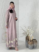 عباية زارا بقماش لنن بارد تطريز ترتر وردي