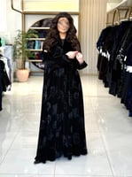 عباية هوازن بقماش مخمل كوري اسود طباعه رمادي ( الط...