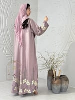 عباية زارا بقماش لنن بارد تطريز ترتر وردي