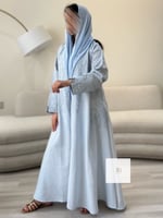 جديد الصيف | عباية بقماش لنن مطرز - سماوي