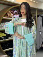 عباية غاده بقماش لنن هندي مطرز تركواز