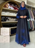 عباية تاينا بقماش لنن برسم كحلي