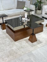 طقم طاولة قهوة خشب سنديان لون بني سطح مراية 6+1