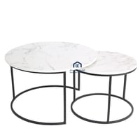 طاولتين تقديم دائرية قاعدة معدن لون اسود سطح خشب ل...