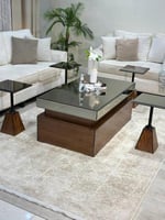 طقم طاولة قهوة خشب سنديان لون بني سطح مراية 6+1