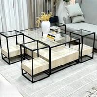 طقم طاولة مع 4 خدمة سطح زجاج وبديل رخام لون بيج