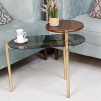 طاولة جانبية وخدمة سطح زجاج شفاف أسود وخشب وقواعد...