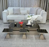 طقم طاولة ارضية خشب لون شمباني سطح مراية مع 6 خدمة