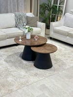 طقم طاولتين قهوة لون اسود قاعدة معدن سطح قشرة جوز