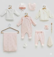 طقم مواليد 11 قطعة بينك بنقوش ارنب وبطانية قطنية ل...