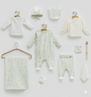 طقم مواليد 11 قطعة اخضر فاتح بنقوش دبدوب وبطانية ق...