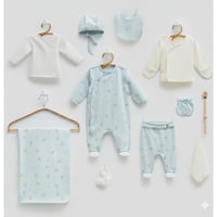 طقم مواليد 11 قطعة لبني بنقوش دبدوب وبطانية قطنية...