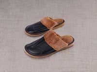 حذاء منزلي رجالي جلد فرو ناعم - أسود بني