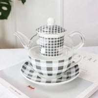 طقم ابريق وكوب وصحن كاروهات رمادي و أزرق