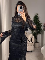 فستان اسود دانتيل بخرز و شك