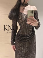 فستان دانتيل بني بلمعة خرز وشال شيفون