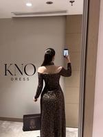 فستان دانتيل بني بلمعة خرز وشال شيفون