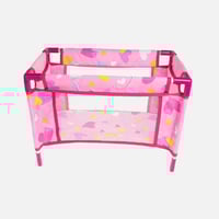 بامبولينا - سرير دمية مع حقيبة نقل وردي مطبوع يوني...