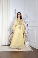 جلابية لينن واقف مطرزة بالكامل مع إضافة كرستال وتط...