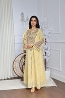 جلابية لينن واقف مطرزة بالكامل مع إضافة كرستال وتط...