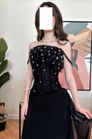 فستان سهره اوف شولدر مزين بالفصوص لون اسود