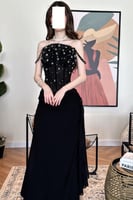 فستان سهره اوف شولدر مزين بالفصوص لون اسود