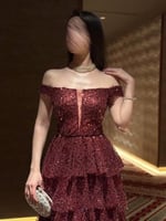 فستان سهرة طبقات أوف شولدر - اللون العنابي/الأحمر...