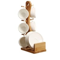 طقم اكواب و صحون وقاعدة خشبيه