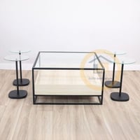 طقم طاولات مربعه لون اسود وبيج 5 قطع قاعدة معدن ور...