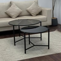 طقم طاولتين ضيافة متداخلة حديد أسود سطح زجاج أسود...