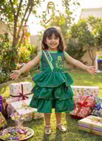 فستان بنات اخضر طبقات وطني بيج مزخرف ليوم التأسيس...