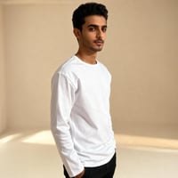 تيشيرت قطن ابيض كم طويل بيسك فاخر سادة