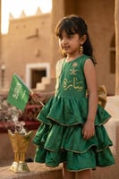 فستان اطفال اخضر طبقات مزخرف بيج وطني ليوم التأسيس