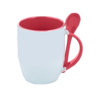 كوب قهوة سيراميك أبيض وأحمر مع ملعقة داخل المقبض س...