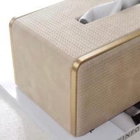 علبه مناديل بيج جلد بأطراف ذهبي
